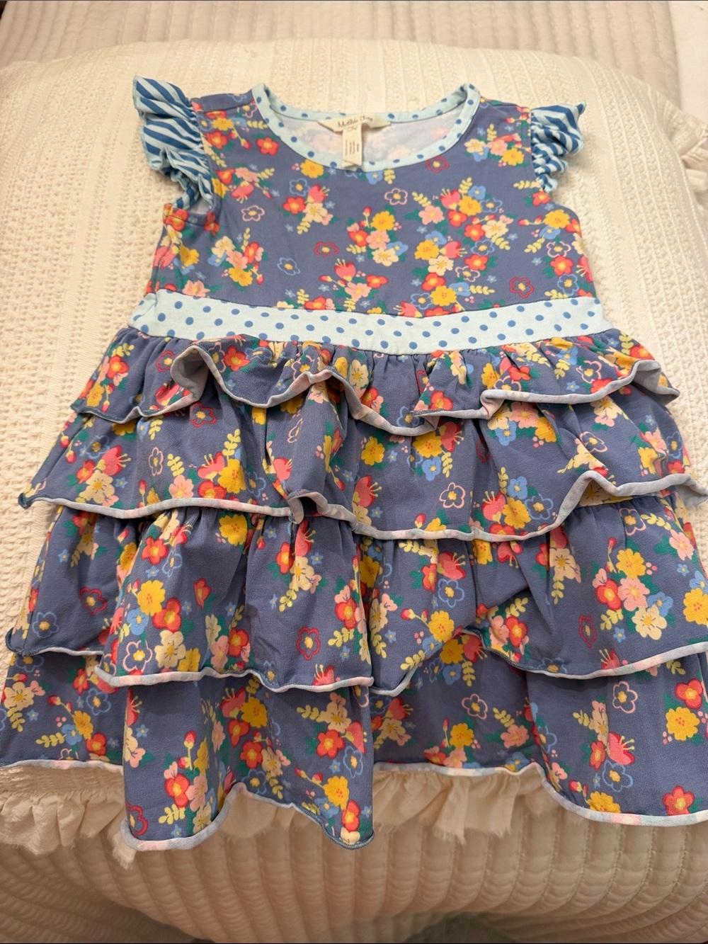 Matilda Jane Blue Floral Ruffle Dress with Polka Dot Waist